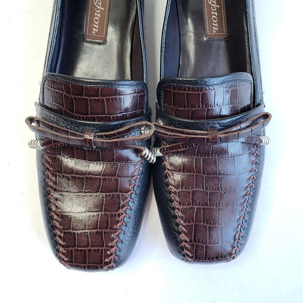 Brighton Slip On Bow Loafer Shoes 8 Narrow Croc Embossed Black Brown Loafers